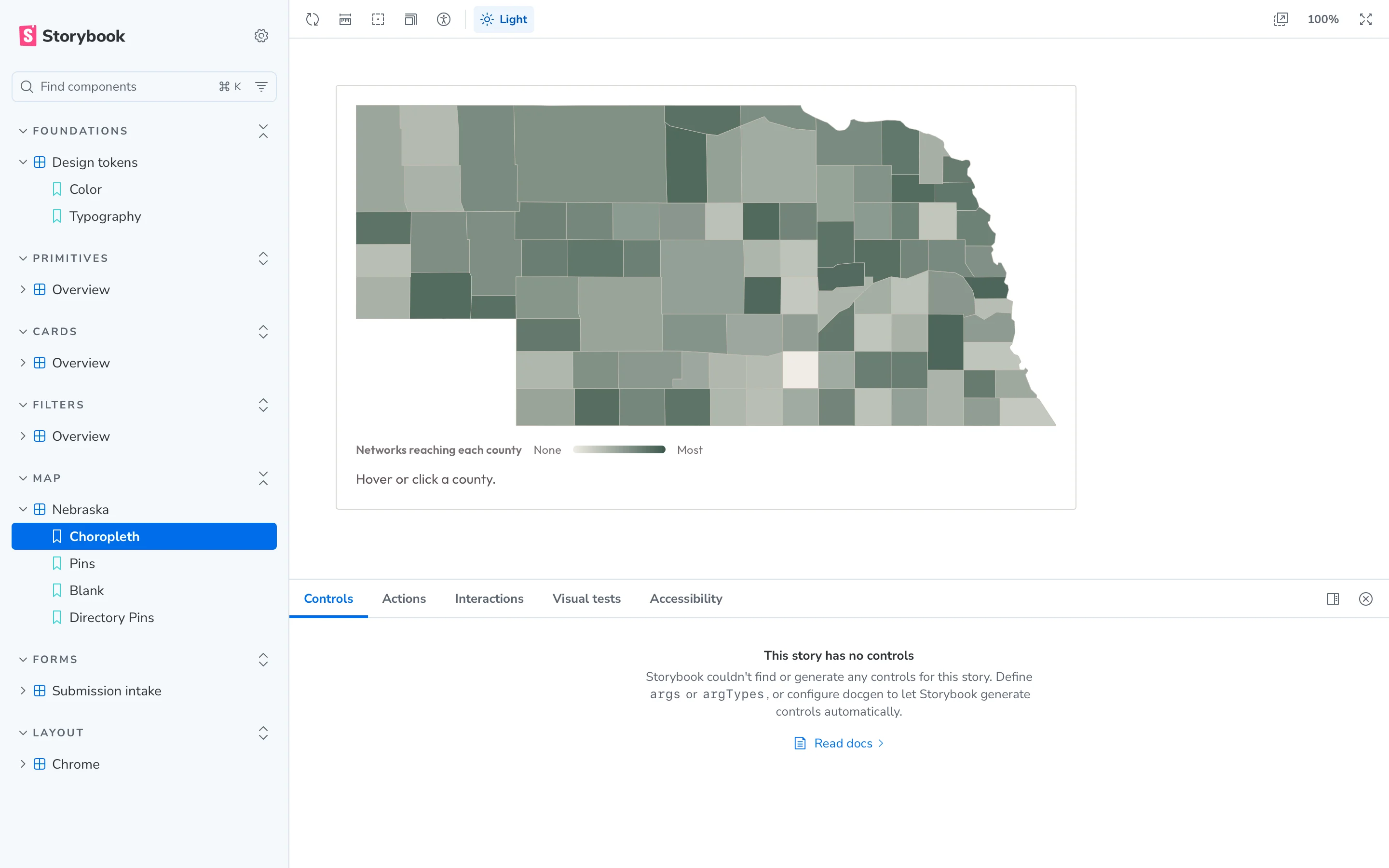 Nebraska county map component in Storybook